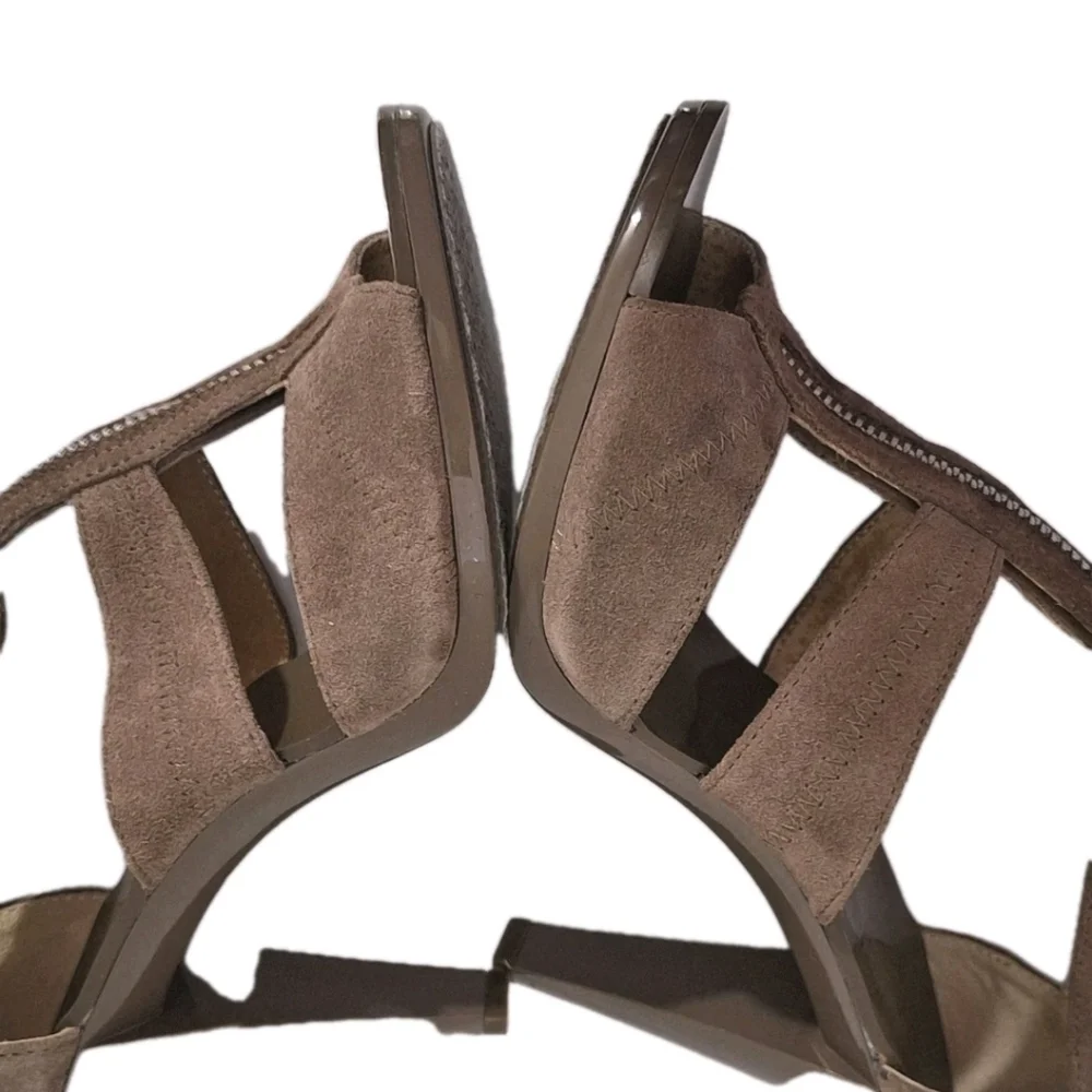 Michael Kors Berkley T Strap Zip Up Taupe Suede Leather Sandal Heels Size 8 M - Picture 7 of 13